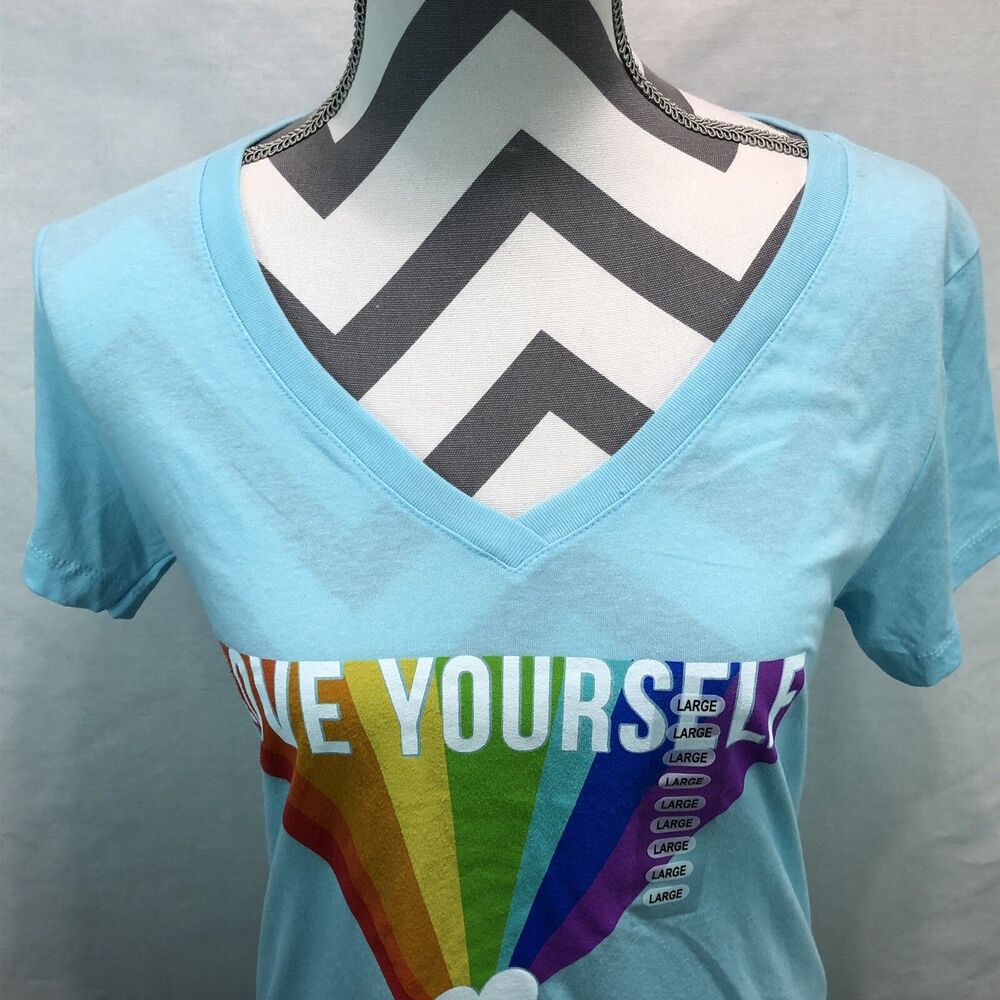 Rebel Society Rainbow Love Yourself Blue Short Sleeve V Neck T Shirt Large A9